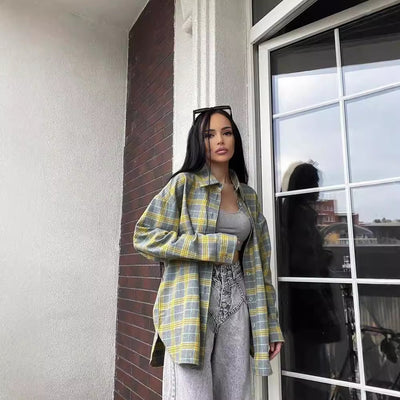 Retro Easy Matching Lapel Loose Plaid Shirt For Women