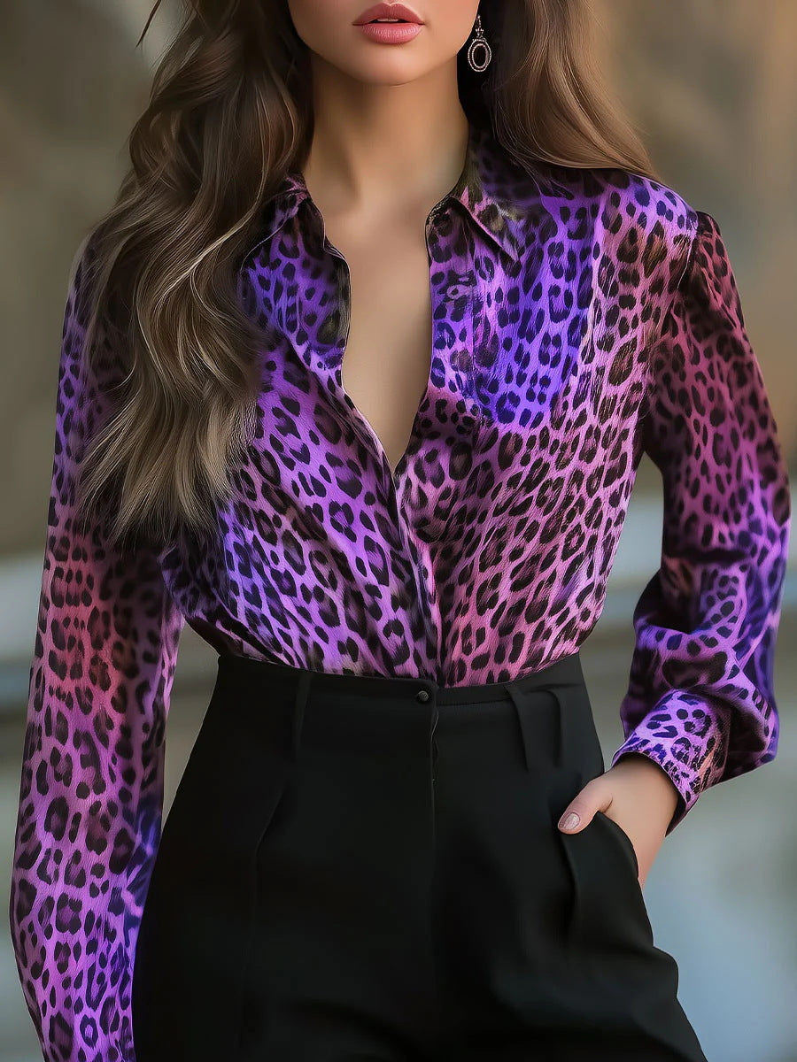 High Elastic Satin Printed Leopard Loose Shirt