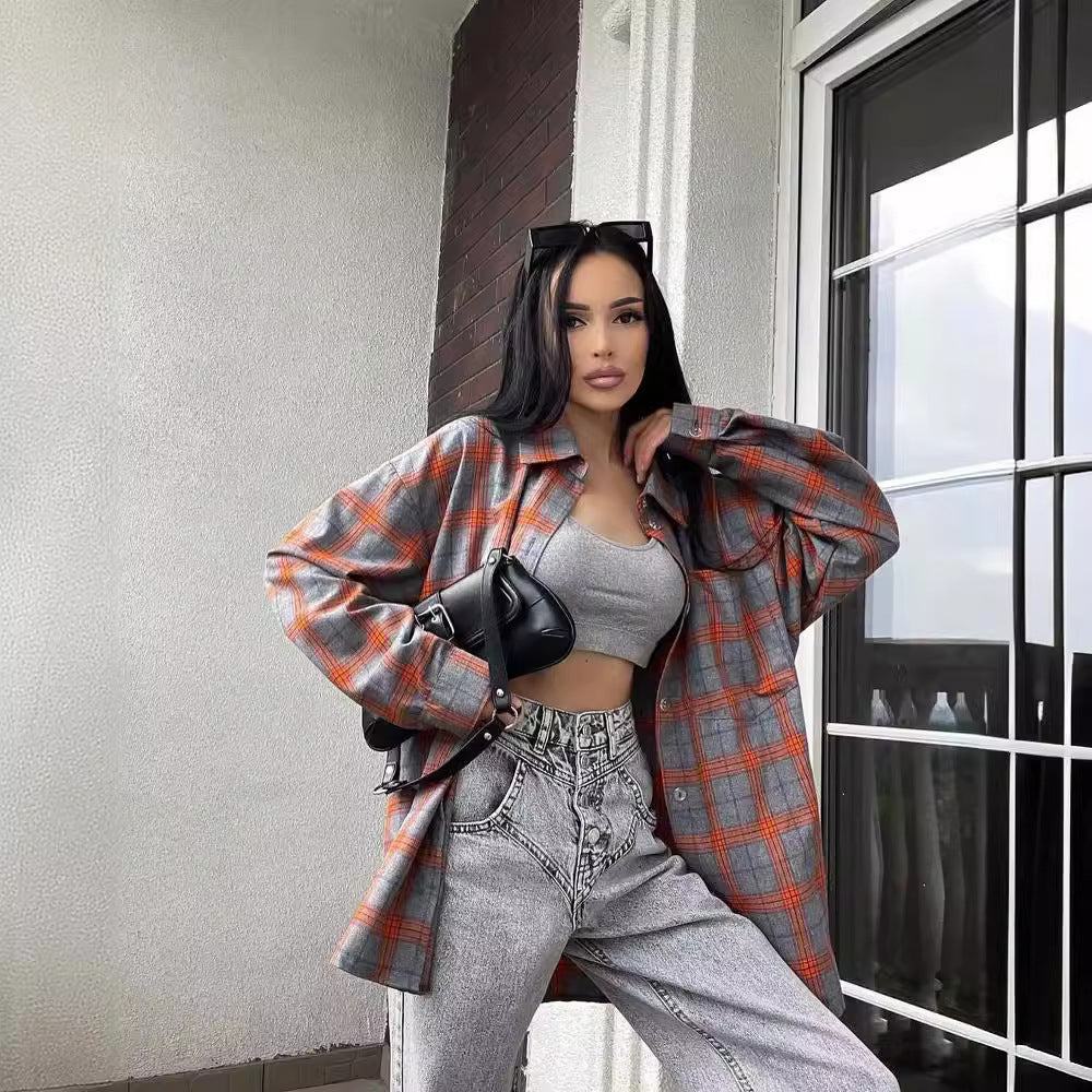 Retro Easy Matching Lapel Loose Plaid Shirt For Women