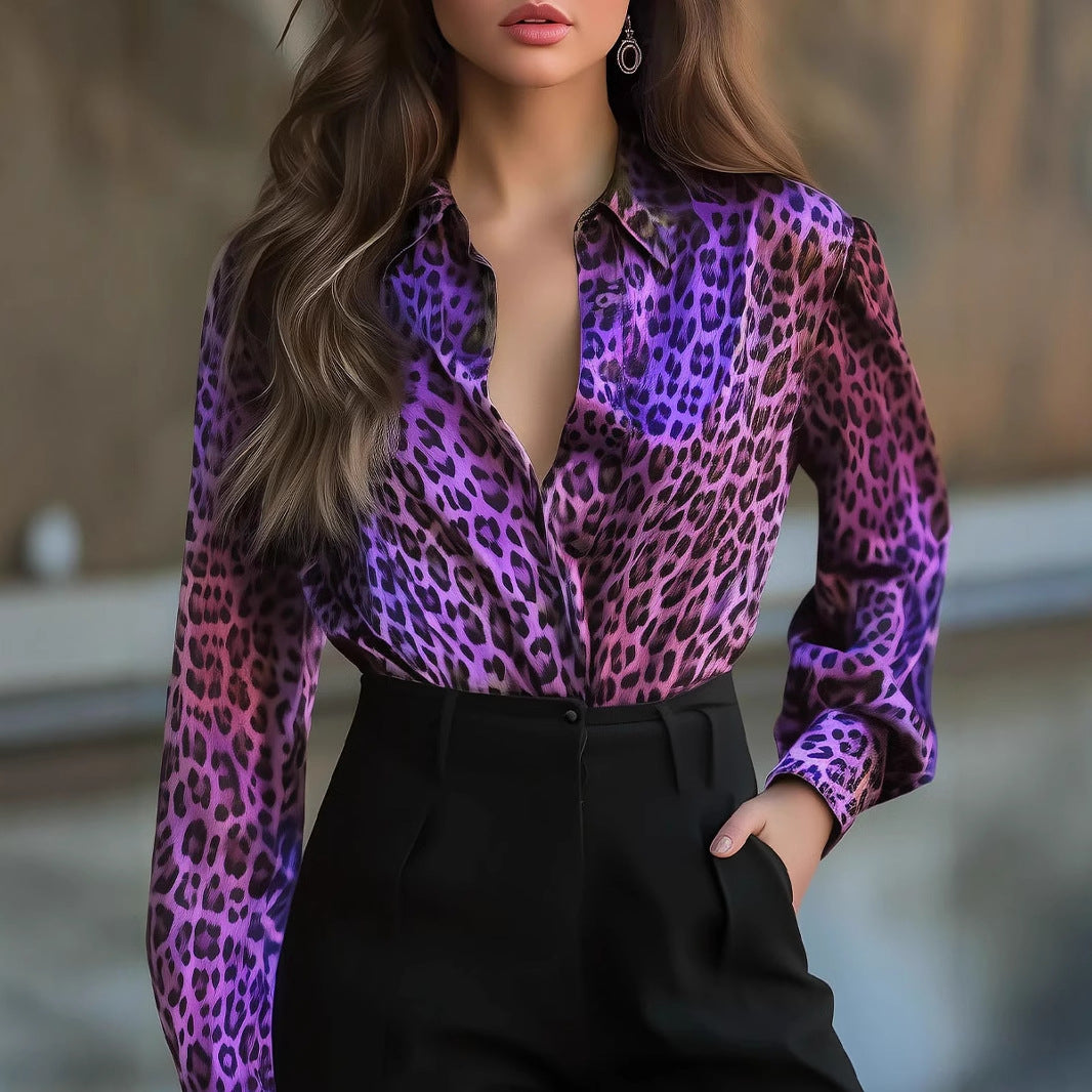 High Elastic Satin Printed Leopard Loose Shirt