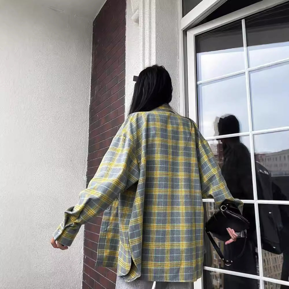 Retro Easy Matching Lapel Loose Plaid Shirt For Women