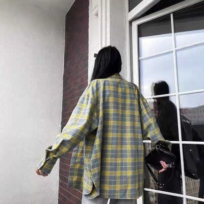 Retro Easy Matching Lapel Loose Plaid Shirt For Women