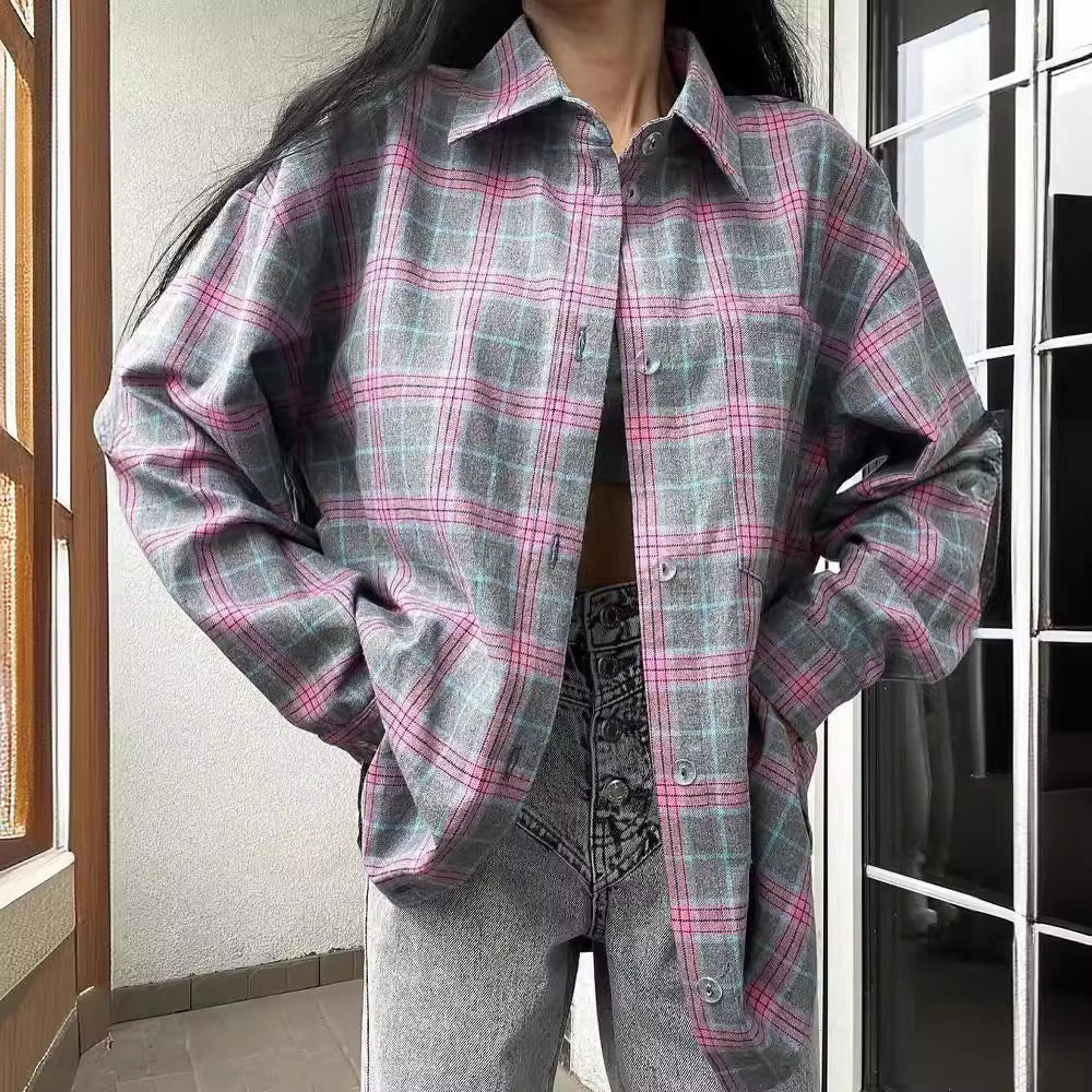 Retro Easy Matching Lapel Loose Plaid Shirt For Women