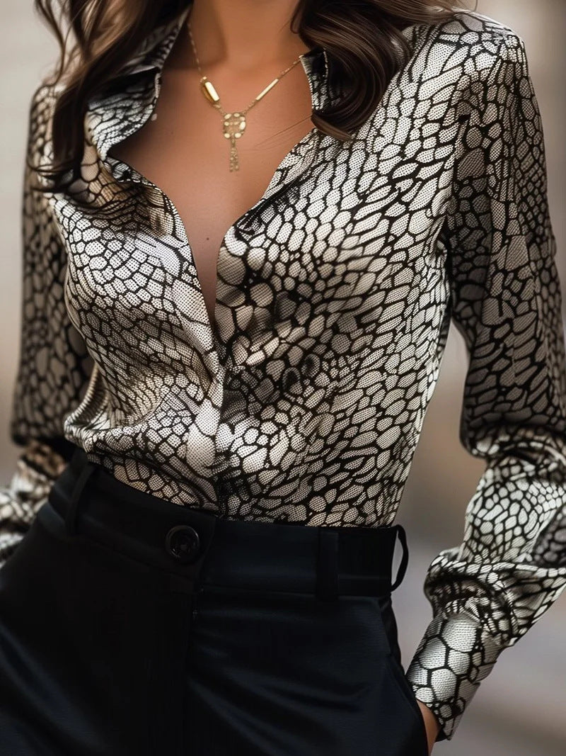 High Elastic Satin Printed Leopard Loose Shirt