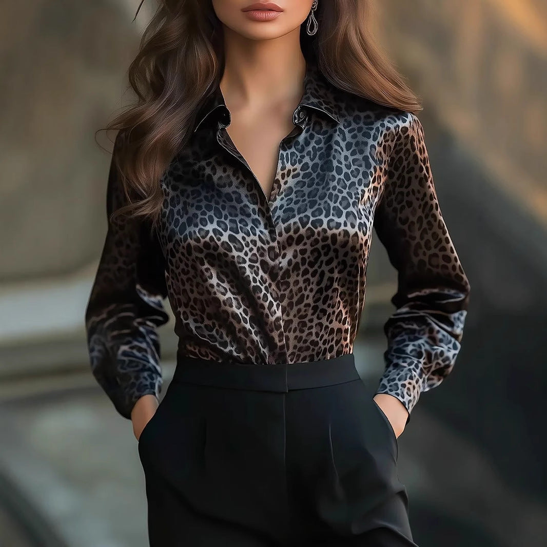 High Elastic Satin Printed Leopard Loose Shirt
