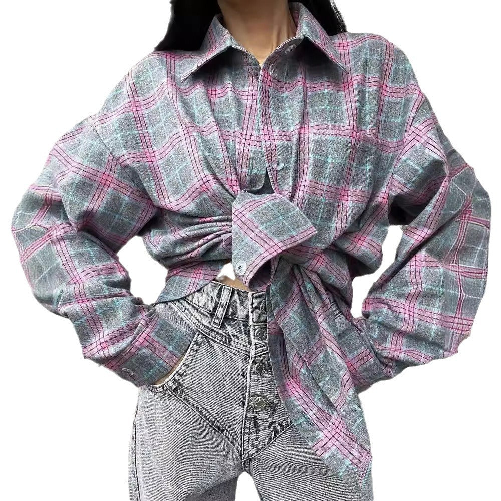 Retro Easy Matching Lapel Loose Plaid Shirt For Women