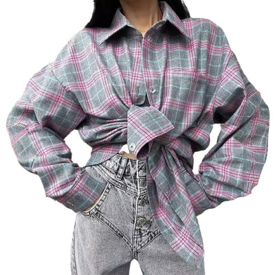 Retro Easy Matching Lapel Loose Plaid Shirt For Women